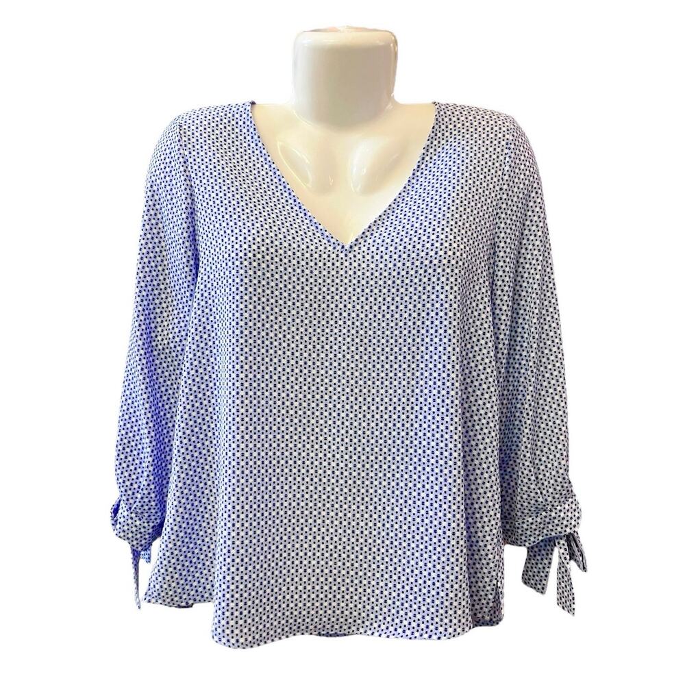 CeCe Women's Blue Patterned Print V-Neck 3/4 Tie Sleeves Blouse | Size S